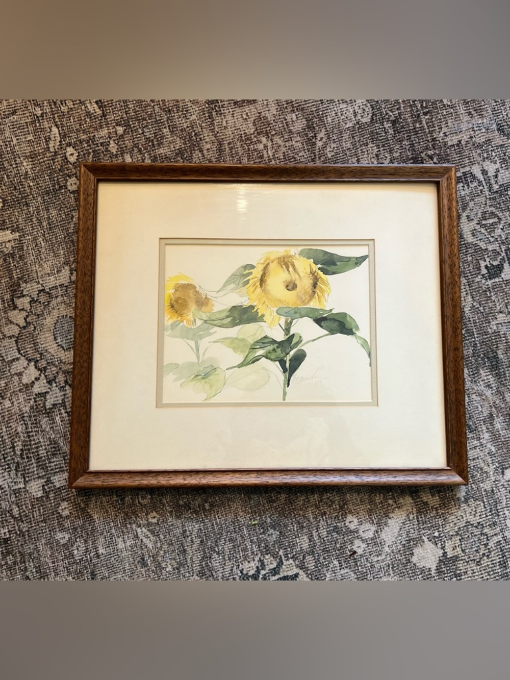 Signed Sunflower Watercolor Painting 1981 Framed Botanical Wall Art Walnut Frame